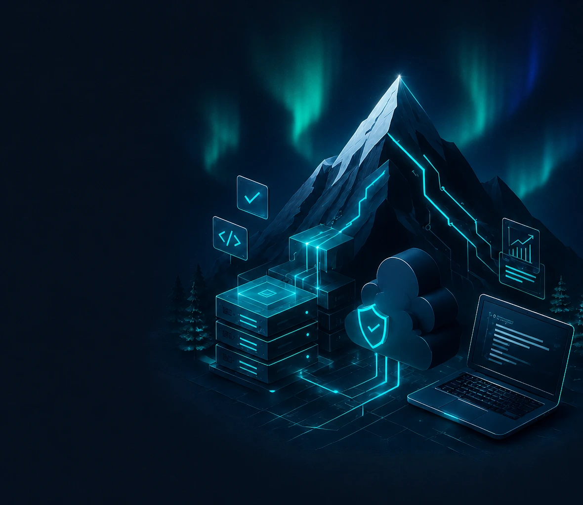 Cyber mountain illustration representing Northerd infrastructure and software delivery